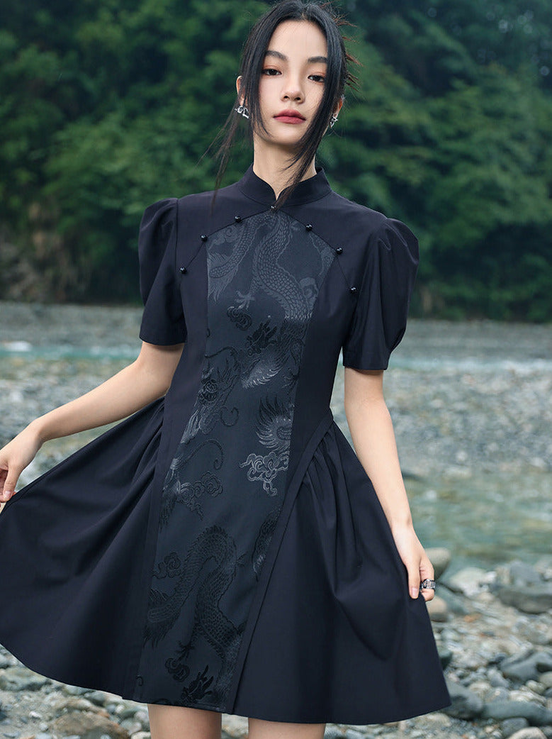 Jacquard Retro Puff Sleeve Chinese-Style Dress – Belchic