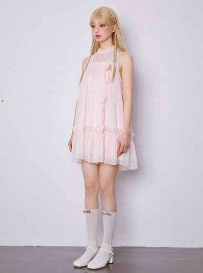 Music Box Peach Pleated Babydoll Sleeveless Dress