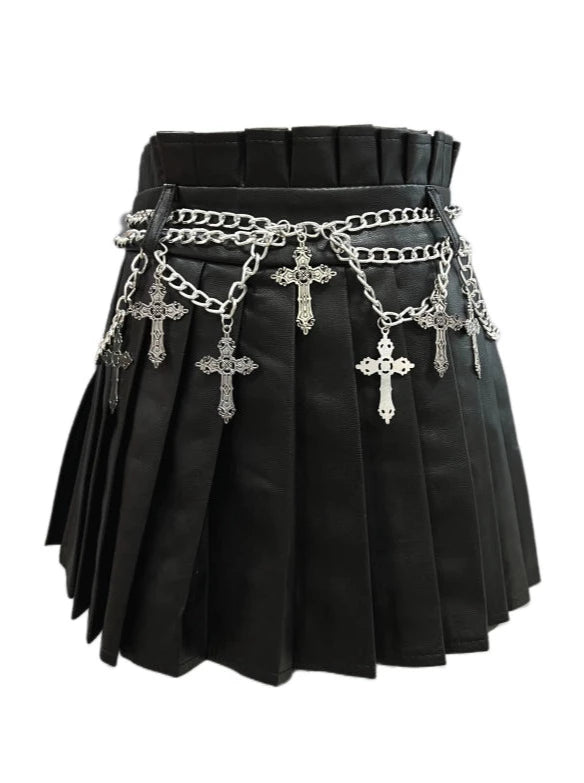パンクロックブラックレザーチェーンパンツインプリーツスカート