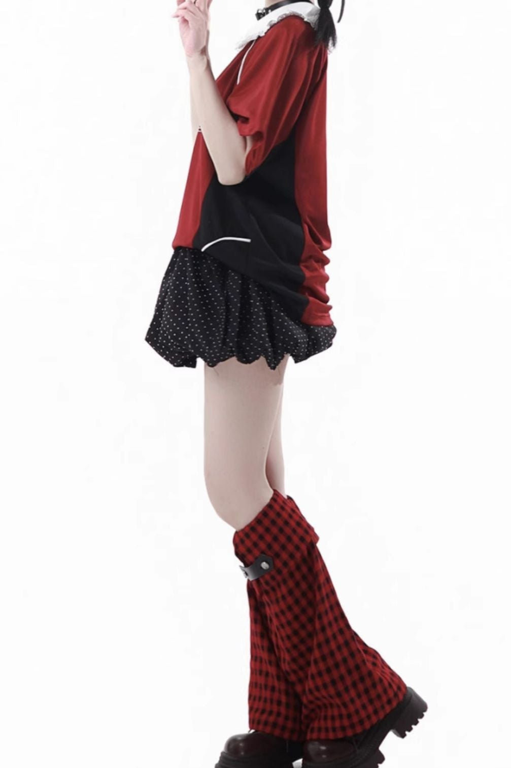 レースカラーオーバートップス＋バルーンスカート＋ロングパンツ＋レッグウォーマー