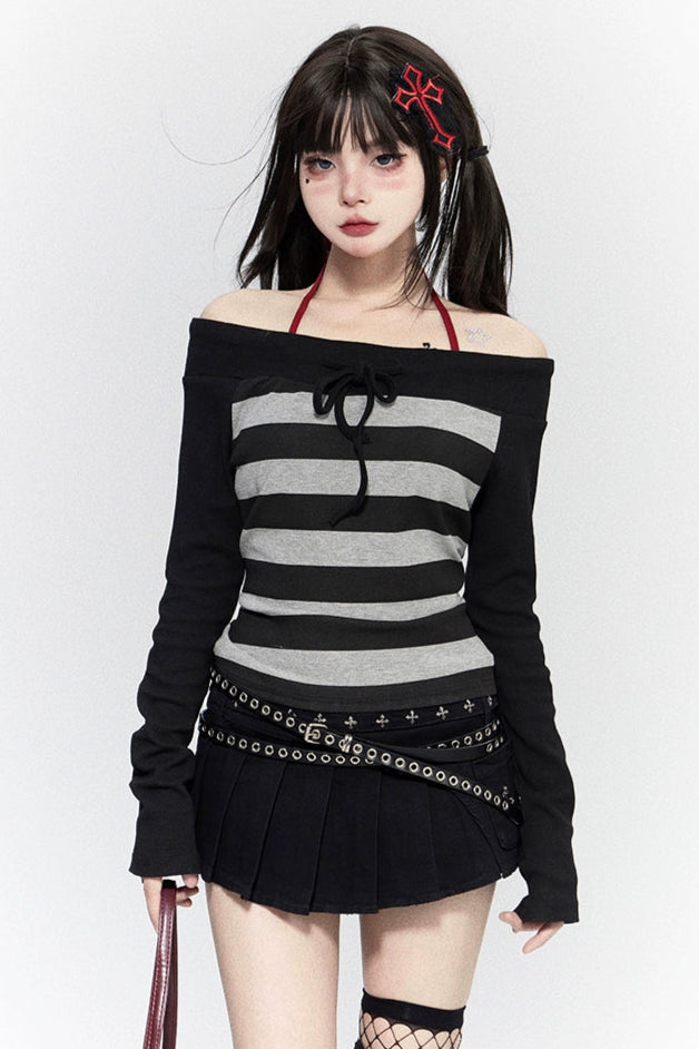 ボーダーオフショルダーY2Kトップス