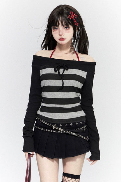 ボーダーオフショルダーY2Kトップス