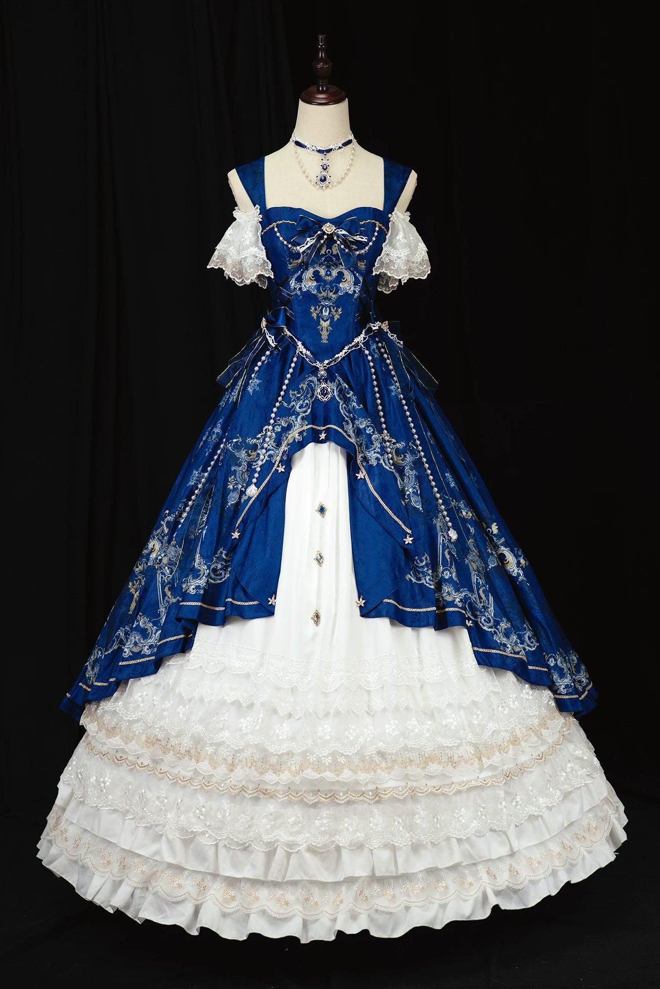 【5月3日予約締切】ダークブルーホワイトコルセットレースリボンロリータJKSプリンセスドレス＋コンプリートセット
