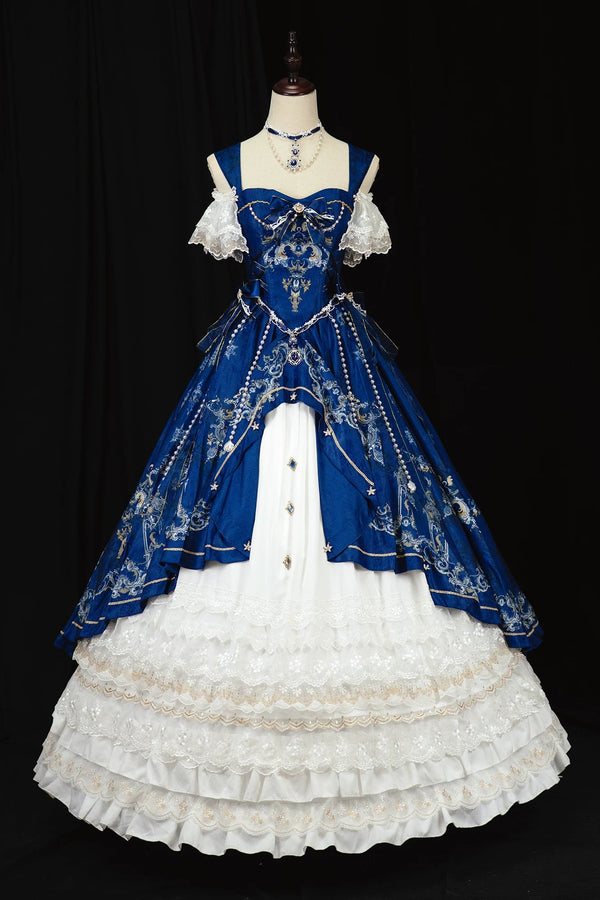 【5月3日予約締切】ダークブルーホワイトコルセットレースリボンロリータJKSプリンセスドレス＋コンプリートセット