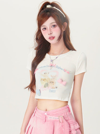 Ribbon cat short T -shirt