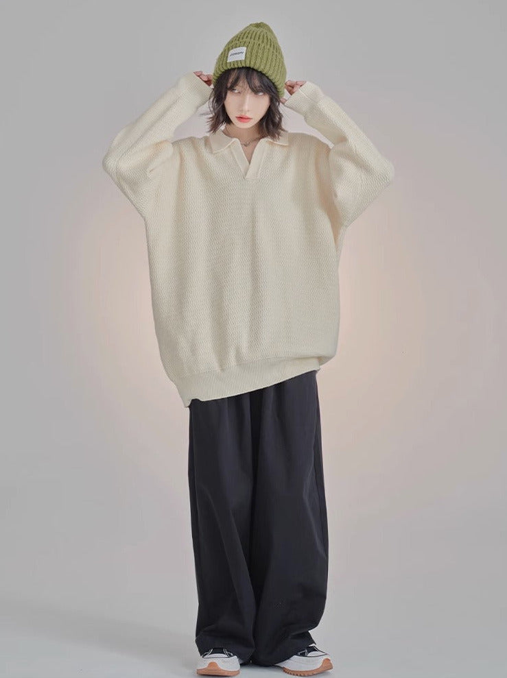 Polo Collar V-Neck Wave Knit Loose Sweater