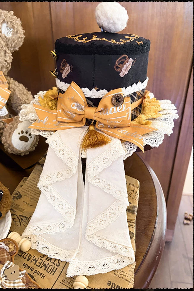 【9月8日予約締切】Vintage Teddy Bear Classic Lolita Series Accessories（Black Hat With Ribbon Train / Mini Hat &amp; Bear Ear KC With Ribbon Decoration / Bear Ear Bonnet / Brown Bear Brooch / Bear Embroidered Brooch）