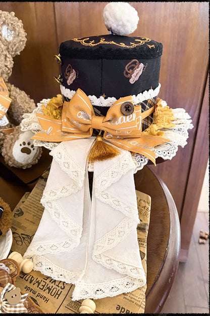 【9月8日予約締切】Vintage Teddy Bear Classic Lolita Series Accessories（Black Hat With Ribbon Train / Mini Hat &amp; Bear Ear KC With Ribbon Decoration / Bear Ear Bonnet / Brown Bear Brooch / Bear Embroidered Brooch）