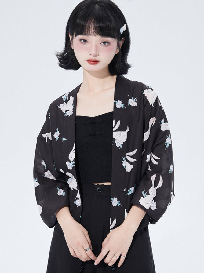 Japanisches Kaninchen Print Retro Shirt Strickjacke