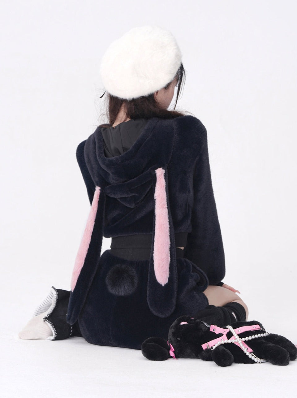 Big Ribbon Bunny Ear Boa Hoodie + Boa Shorts