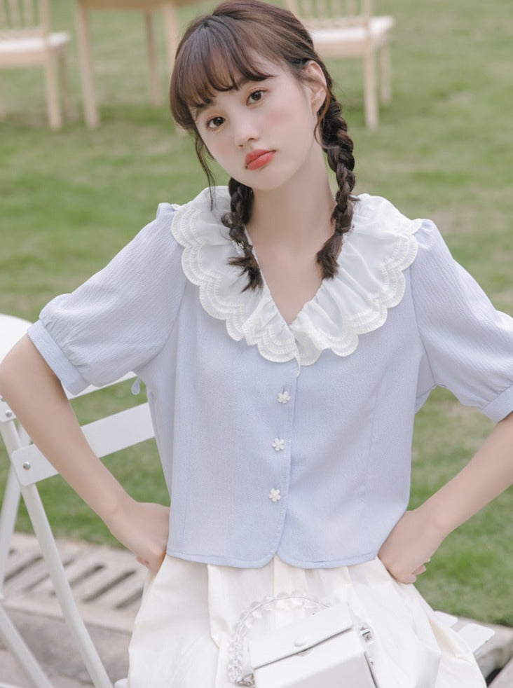 Puff sleeves French lace color shirt