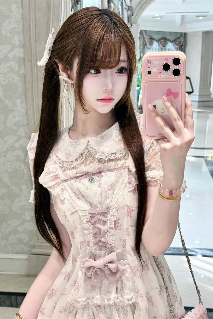 【9月2日予約締切】Romantic Pink Floral Layered Lace Dress＋Matching Shorts ＋ Bow Hairclips ＋ Bow Tie[Full set]