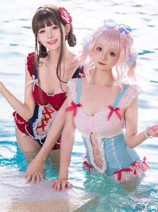 Frilled Shoulder Pearl Ribbon Decoration Idol Taste Onepiece Swimsuit