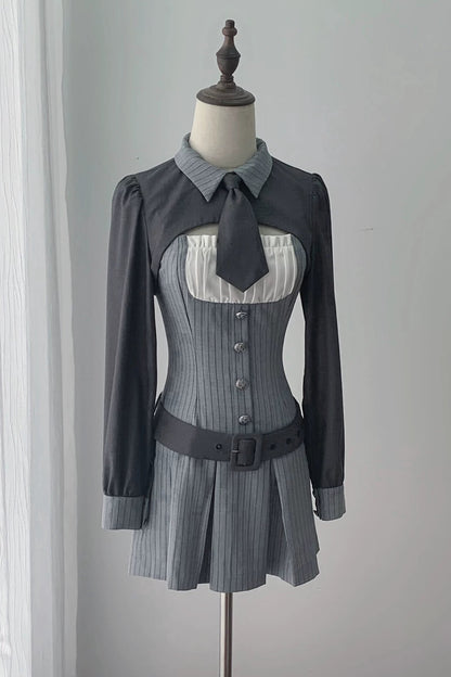 【8月30日予約締切】Gray pinstripe tie-collar long-sleeve short jacket with belt JKS dress 4-piece full set