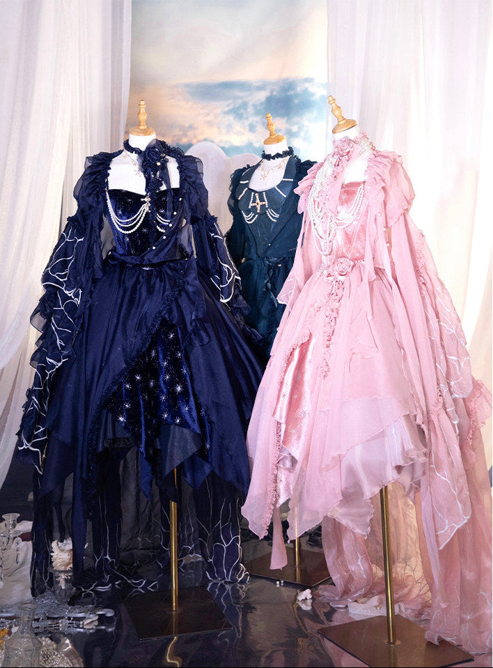 [Reservierungsschluss 1. Juni] Dunkelblau/Pink/Dunkelpetrol Atlantis Dark-Fantasy-Lolita Sternen-Korsett asymmetrisches Bustier-JKS-Kleid