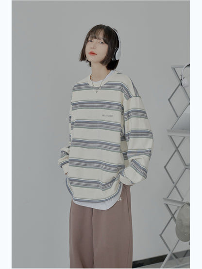 Loose Round Neck Striped Striped T