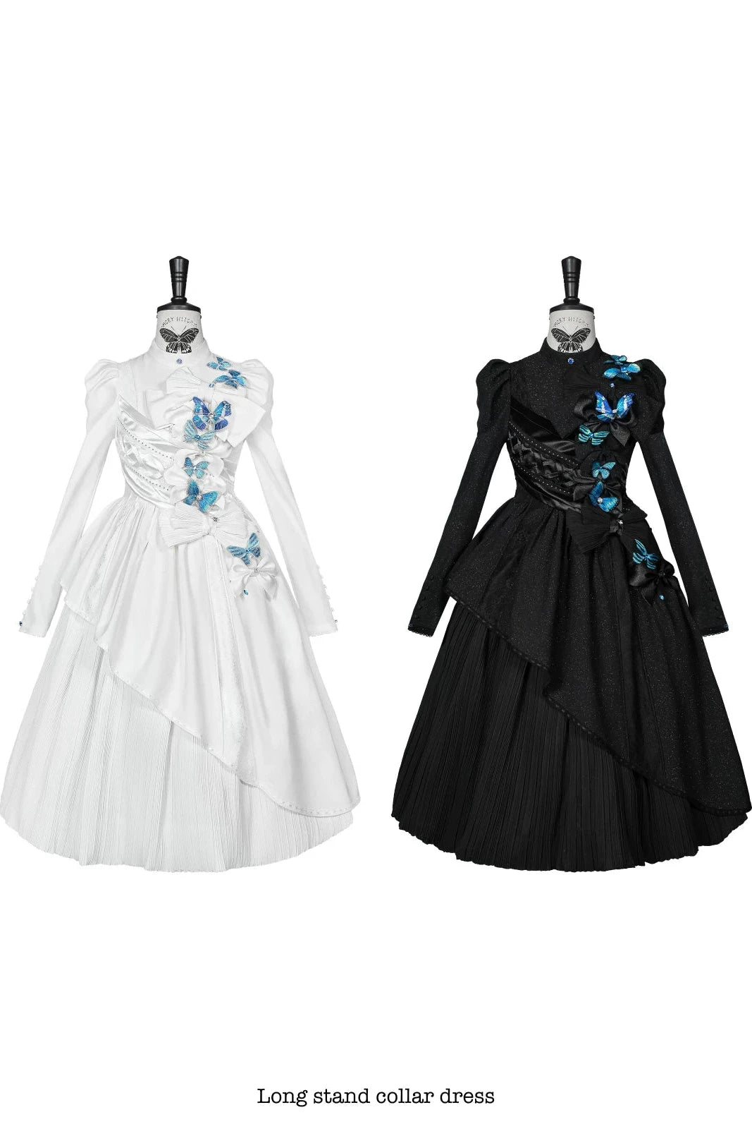 [Reservierungsschluss 14. Oktober] Schwarz/weißes Gothic-Lolita-Langkleid mit Schmetterlingsschleife, Stehkragen und asymmetrischen Lagen