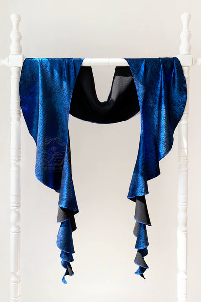 [Date limite de précommande: 105] Robe empire gothique élégante à volants cascade rouge/bleu [courte/longue] + ensemble robe complet (châle, broche papillon, chaîne de taille, traîne à nœud au dos)