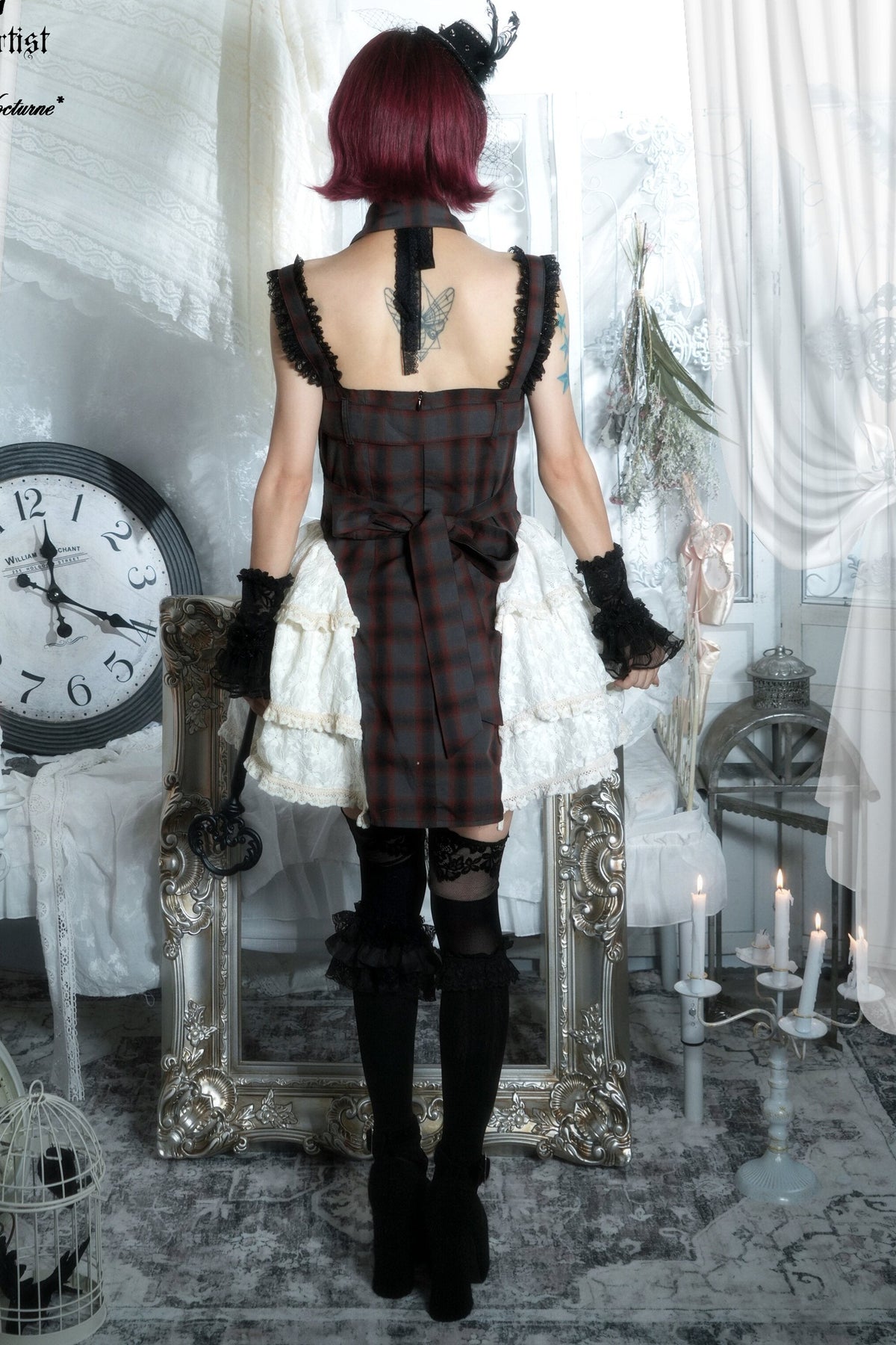 Gray Plaid Printed Lace-Up Dress