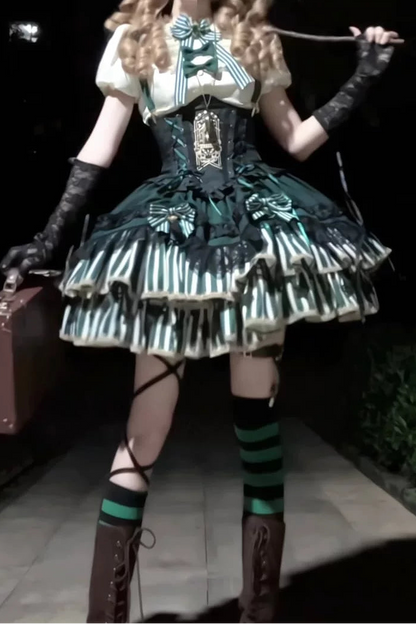 [Pre-order Deadline: May 20] Magical Girl Lolita Elegant Lace Puff Sleeve Shirt + Black x Green Ribbon Corset Tiered Dress + Mini Hat