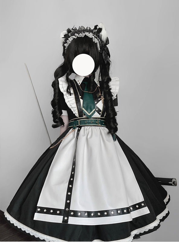 Schwarz-grünes Militär-Maid-Lolita-Kleid Komplettset