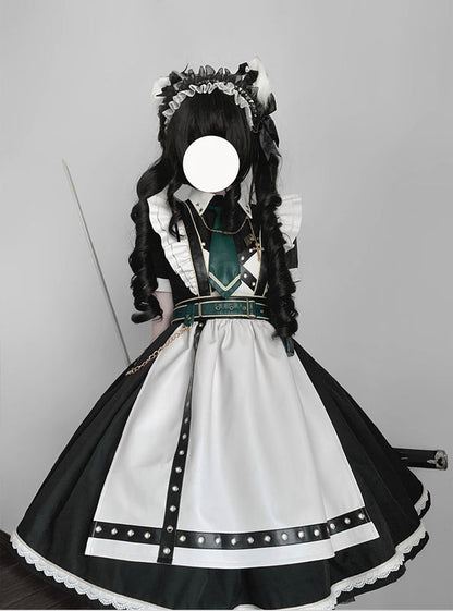 Schwarz-grünes Militär-Maid-Lolita-Kleid Komplettset