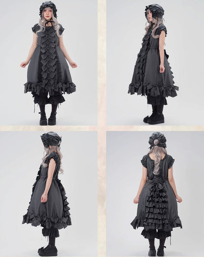 [November 15 Reservation Deadline] Black Gothic Doll-Style Front-And-Back Two-Way Ruffle Ribbon Lolita Dress (Short/Long) + Matching Shorts (Short/Long) + BB Hat
