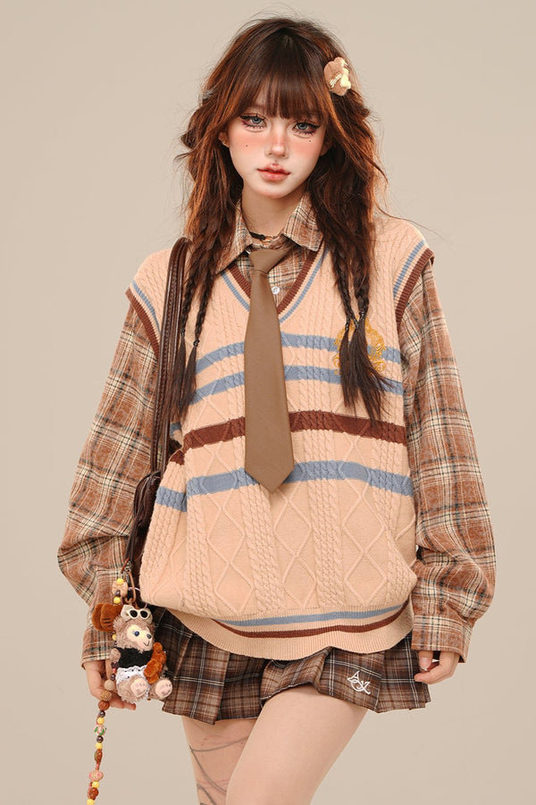 ルーズプレイドバーシティーニットセーター