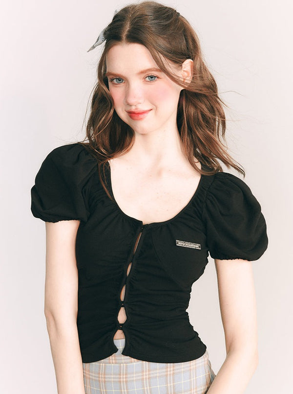 センターオープンスモールパフスリーブトップス