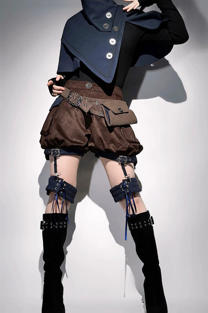 【10月6日予約締切】Dark Navy X Brown Prince Lolita Asymmetrical Cape + Black Knit Top + Leg Ring Shorts + Belt With Pockets + Scarf Ouji Fashion