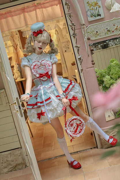 [Pre-order Deadline: September 27] Twin Tiered Lolita Dot Ribbon Striped Dress + Flower Bud Skirt Dress