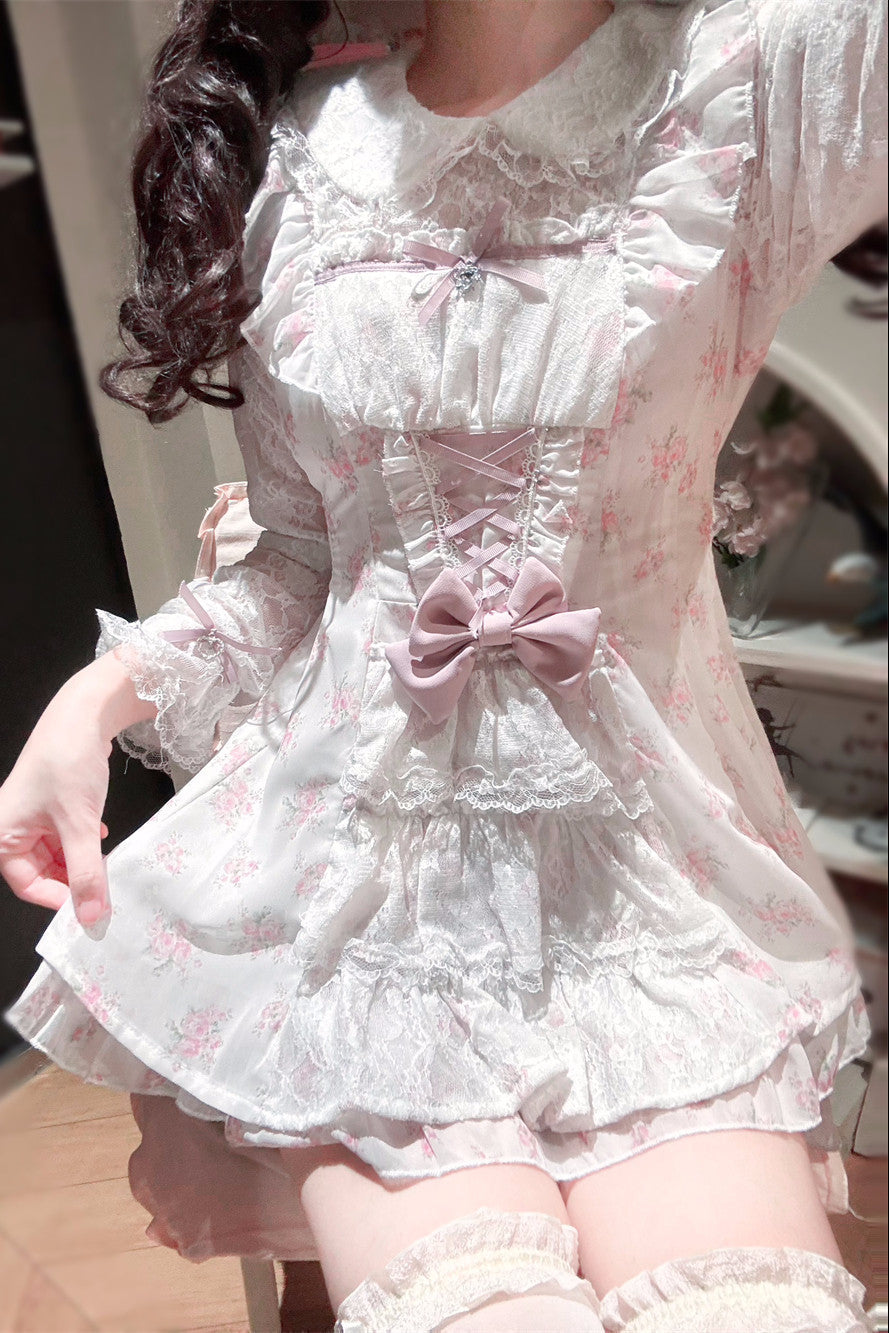 【10月28日予約締切】Pink/White/Black/White 4-Piece Set: Floral Tiered Lace Long-Sleeve Dress + Shorts + Pair of Ribbon Hair Clips + Bow Tie