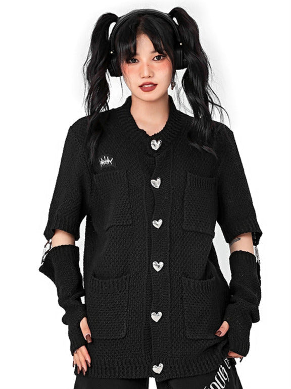 Metal Heart Button Detachable Sleeve Knit Jacket