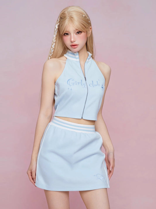 스포츠 스타일 블루 숄더 민소매 탑 + 캐주얼 팬츠 + 스커트