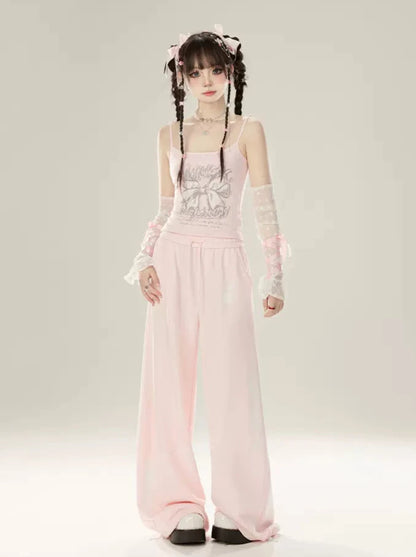 Pink-white hand painted casual pants