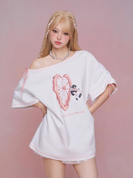 GirlyFancyClub is slammed by love's big neckline, slanted shoulders, drawstrings, cotton print, loose large T-shirt for women's summer