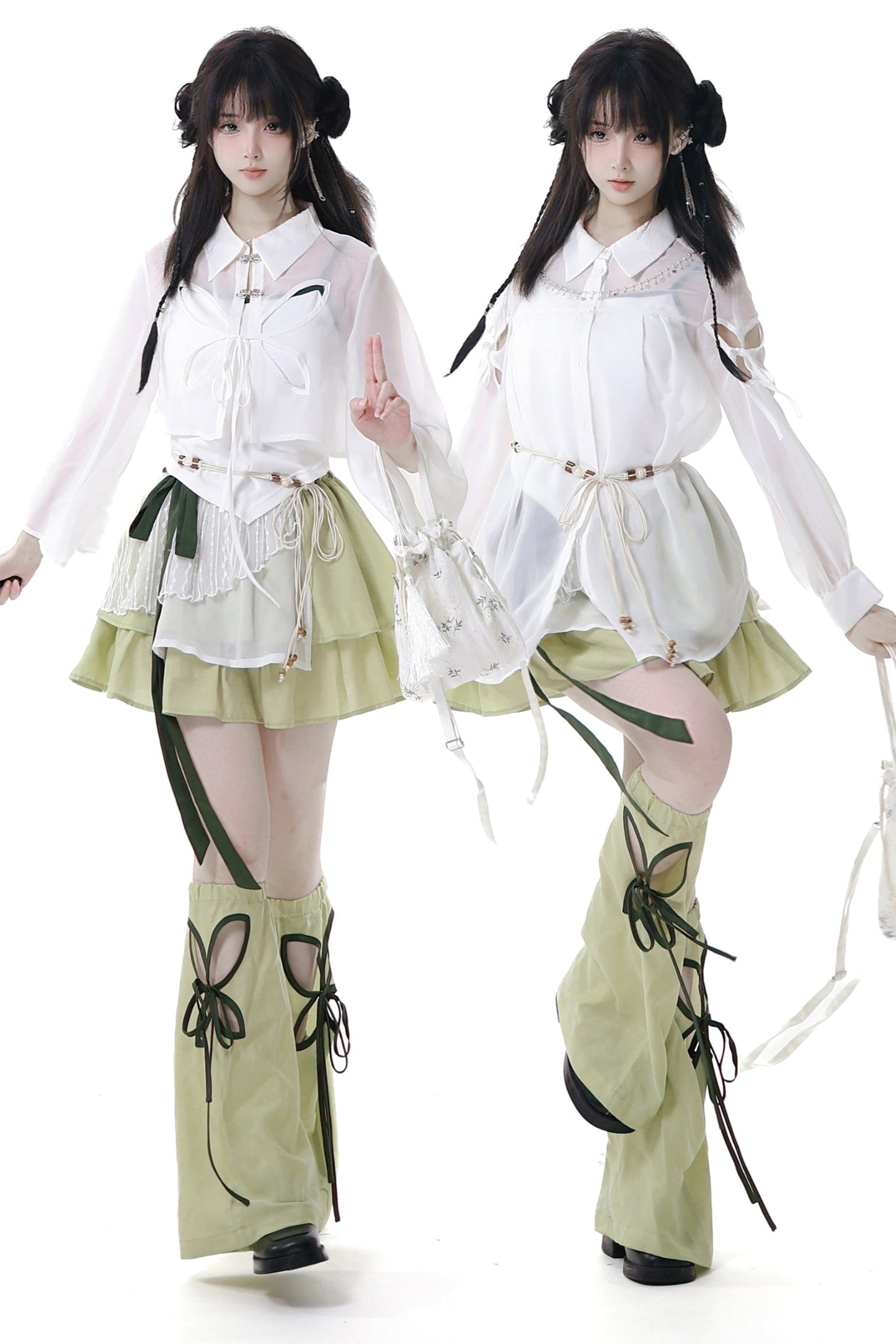 シフォンチャイナシャツ＋キャミソール＋ショートスカート＋ロングスカート＋レッグウォーマー