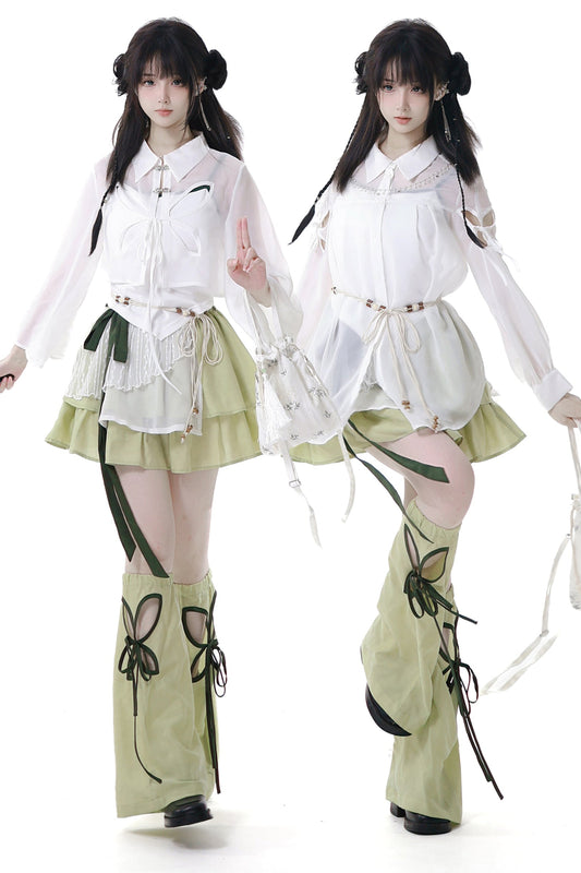 シフォンチャイナシャツ＋キャミソール＋ショートスカート＋ロングスカート＋レッグウォーマー