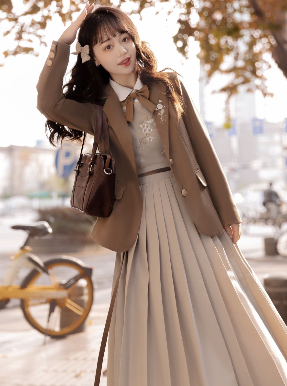 College Style Jacket + Suspender Skirt + Ribbon Blouse