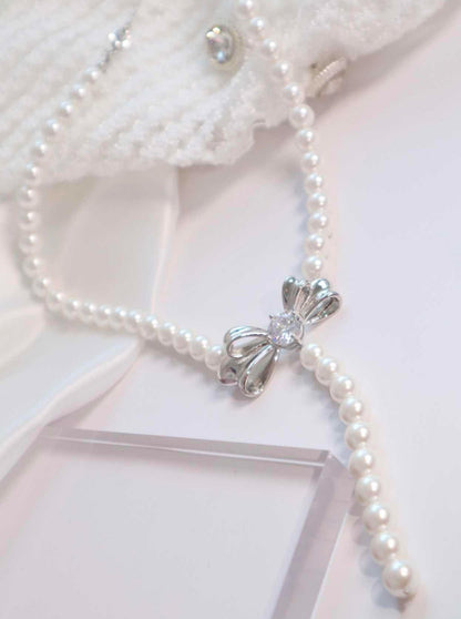 Silver Ribbon Pearl Necklace + Earrings