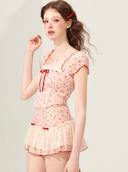 Pink Summer Girly Top + Lace Design Skirt