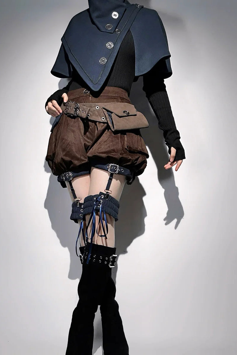【10月6日予約締切】Dark Navy X Brown Prince Lolita Asymmetrical Cape + Black Knit Top + Leg Ring Shorts + Belt With Pockets + Scarf Ouji Fashion