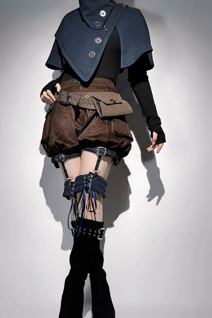 【10月6日予約締切】Dark Navy X Brown Prince Lolita Asymmetrical Cape + Black Knit Top + Leg Ring Shorts + Belt With Pockets + Scarf Ouji Fashion