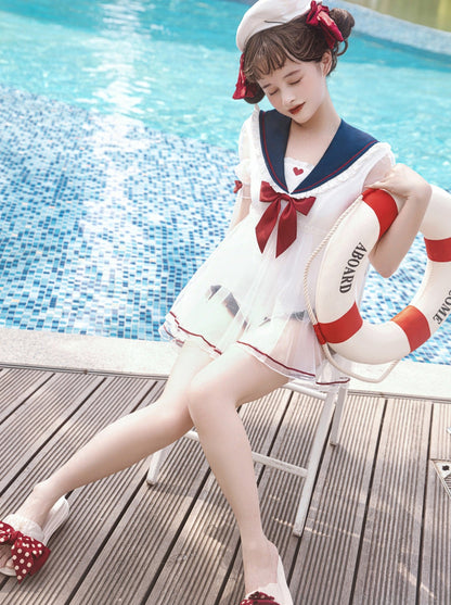 Maillot de bain une pièce Sailor Sailor avec manches et jupe transparentes et oreilles de lapin