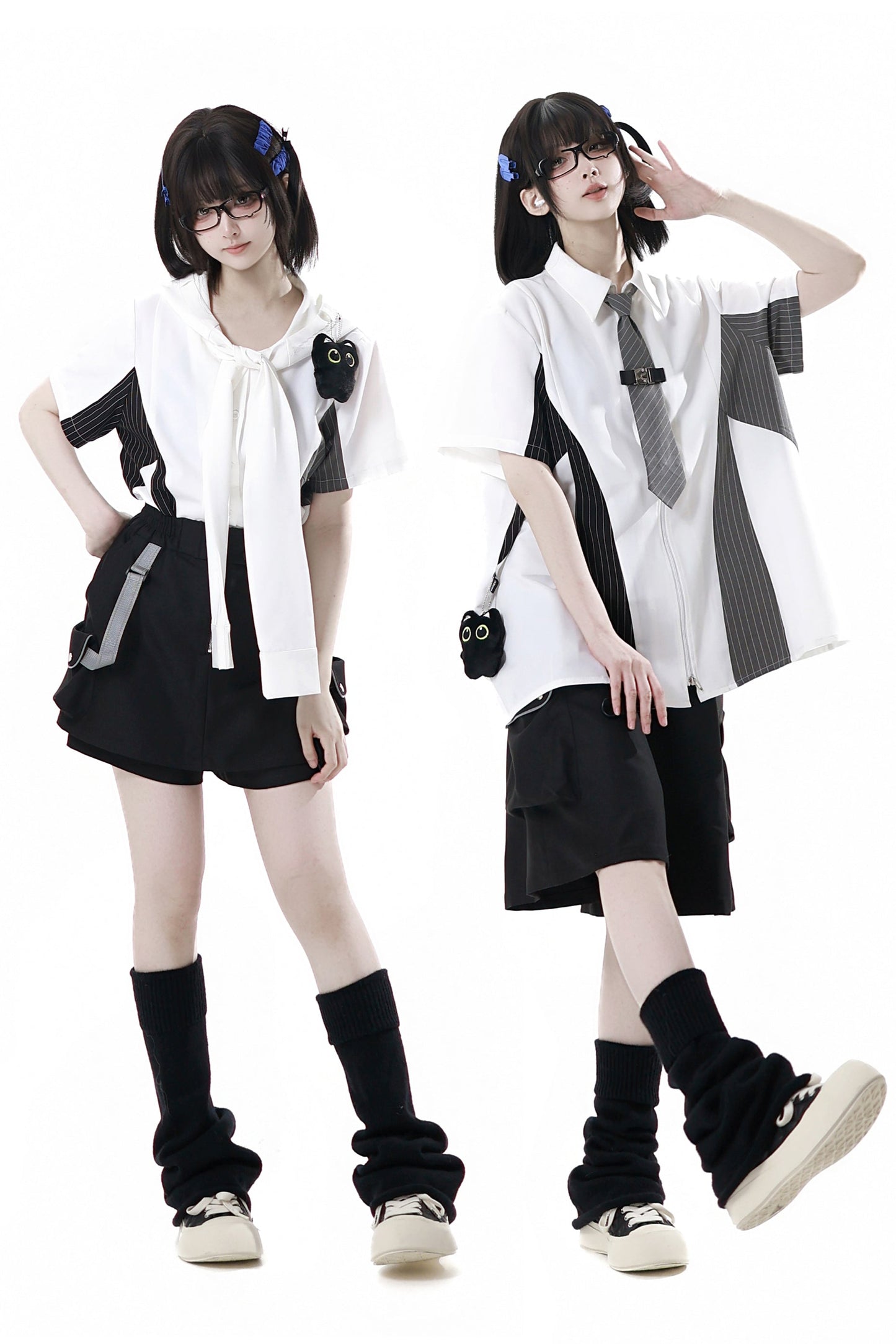 Casual stripe stitch design shirt + hooded shirt + + half pants + culottes + tie