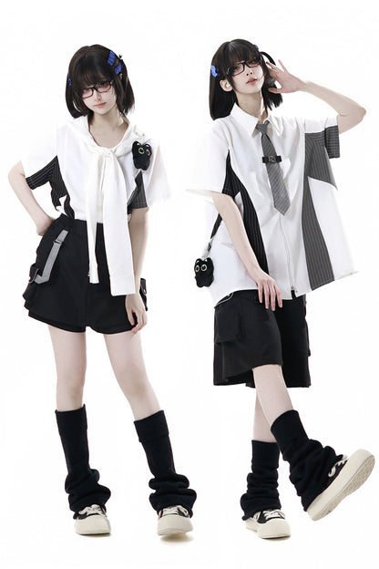 Casual stripe stitch design shirt + hooded shirt + + half pants + culottes + tie