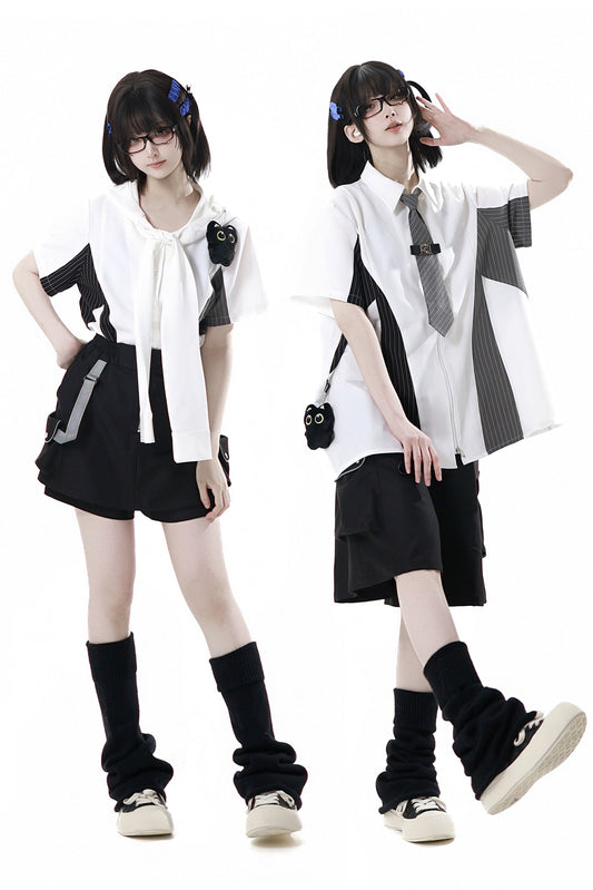 カジュアルストライプステッチデザインシャツ＋フードシャツ＋＋ハーフパンツ＋キュロット＋ネクタイ