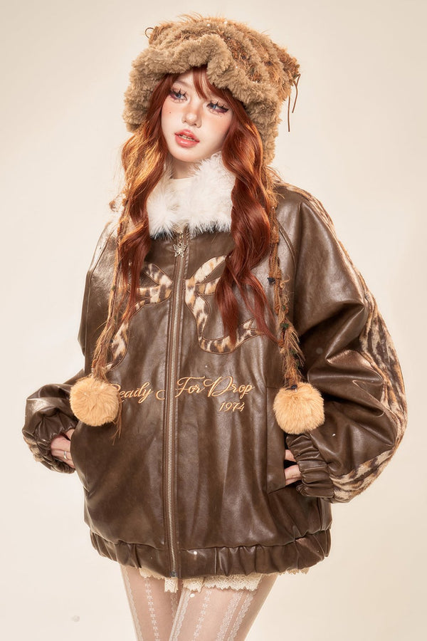 ルーズレオパードプリントPUレザージャケット