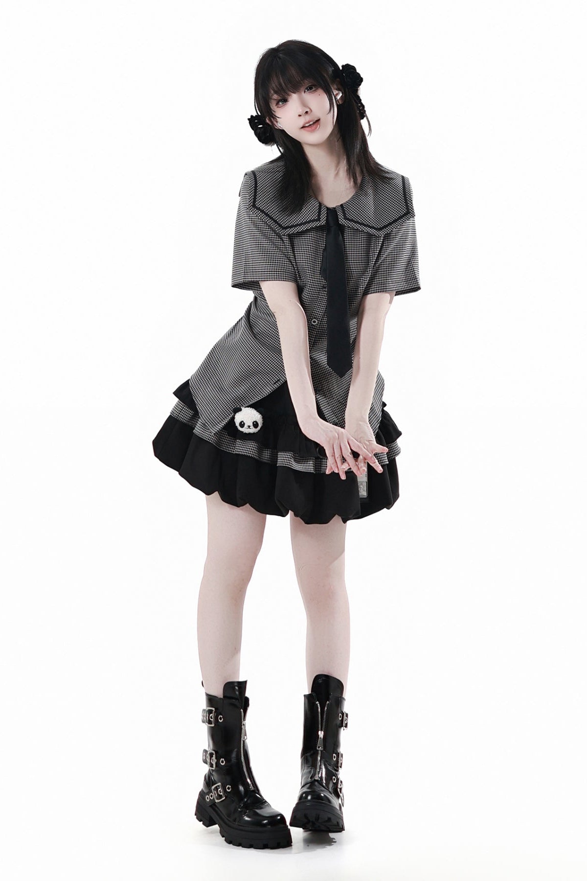 Plaid College Shirt + Shirt + Puff Skirt