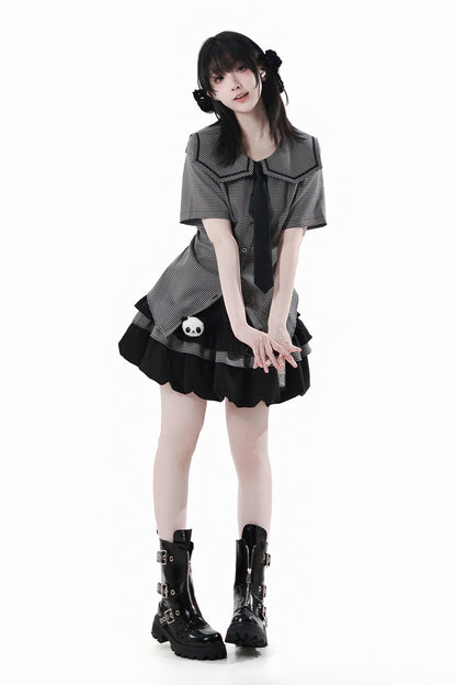 Plaid College Shirt + Shirt + Puff Skirt